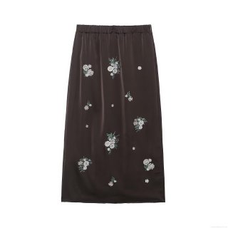 Women's Satin Midi Skirt White Floral Sequin Embroidery Bead High Waist Elastic Straight Coffee Brown Skirt Elegant Retro Party Streetwear Women Clothing