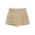 Women's Fashion Cargo Mini Skirt Polyester Twill Khaki Wrap Design With Pockets And Metal Buckle Belt Streetwear Casual Skort For Women Daily Wear