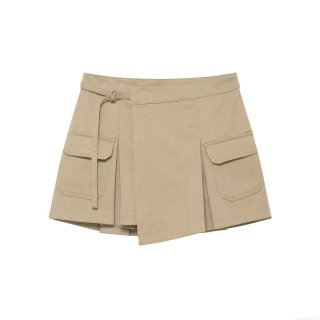 Women's Fashion Cargo Mini Skirt Polyester Twill Khaki Wrap Design With Pockets And Metal Buckle Belt Streetwear Casual Skort For Women Daily Wear