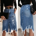 Women's High Waist Distressed Denim Skirt Ripped Cotton Blend Midi Skirt Irregular Fringed Hem Split Fashion Streetwear Casual Denim Skirt For Women