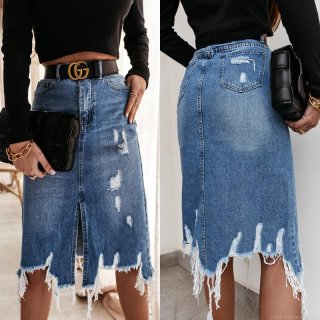 Women's High Waist Distressed Denim Skirt Ripped Cotton Blend Midi Skirt Irregular Fringed Hem Split Fashion Streetwear Casual Denim Skirt For Women