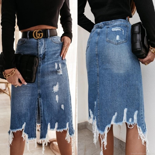 Women's High Waist Distressed Denim Skirt Ripped Cotton Blend Midi Skirt Irregular Fringed Hem Split Fashion Streetwear Casual Denim Skirt For Women