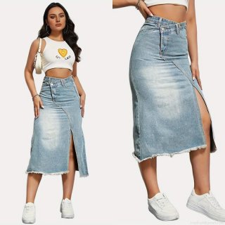 Women's High Waist Distressed Denim Midi Skirt Asymmetric Fly Side Slit Raw Hem A-line Washed Blue Jean Skirts for Women Streetwear