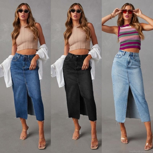Women's High Waisted Denim Midi Skirt With Front Split Frayed Hem A-Line Jean Skirt Casual Streetwear Fashion Long Skirts For Women