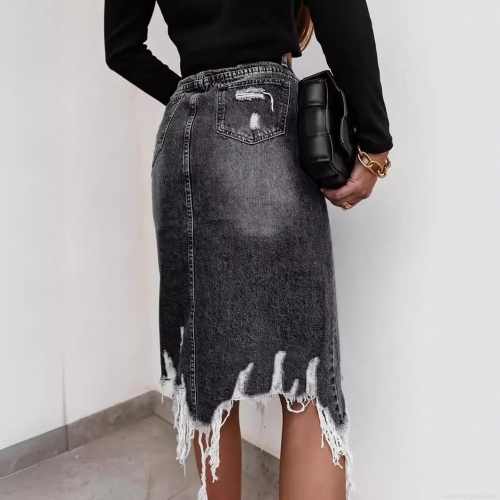 Women's High Waist Denim Midi Skirt Distressed Ripped Front Slit Bodycon Pencil Skirt Raw Hem Streetwear Casual Long Jean Skirts