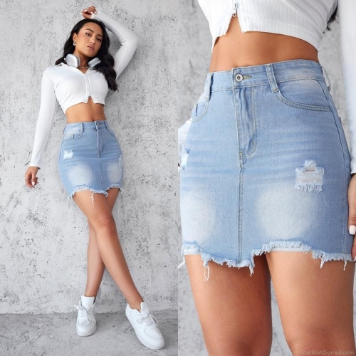 Women's High Waisted Denim Mini Skirt Light Wash Ripped Distressed Jean Skirt With Raw Hem Fashion Streetwear Slim Fit Bodycon Skirt For Summer Casual Dating