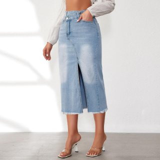 Women's High Waisted Denim Midi Skirt With Front Slit Raw Hem Cotton Blend Washed Casual A-Line Denim Skirt For Daily Wear