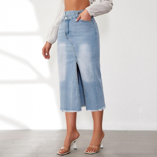 Women's High Waisted Denim Midi Skirt With Front Slit Raw Hem Cotton Blend Washed Casual A-Line Denim Skirt For Daily Wear