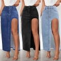 Women High Waist High Slit Denim Long Skirt Washed Solid Streetwear Maxi Jean Skirt Cotton Blend Side Split Bottoms For Fashion