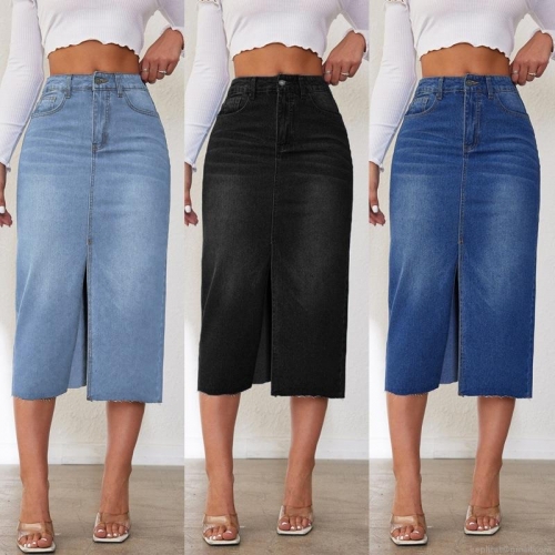 Women's American Retro High Waisted Denim Midi Skirt Cotton Blend Front Slit Raw Hem A-Line Casual Street Style Long Jean Skirt