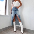Women High Waist Irregular Frayed Denim Midi Skirt Sexy Distressed Ripped Hole Washed Cotton Blend Jeans Skirts For Streetwear Daily Party Ladies