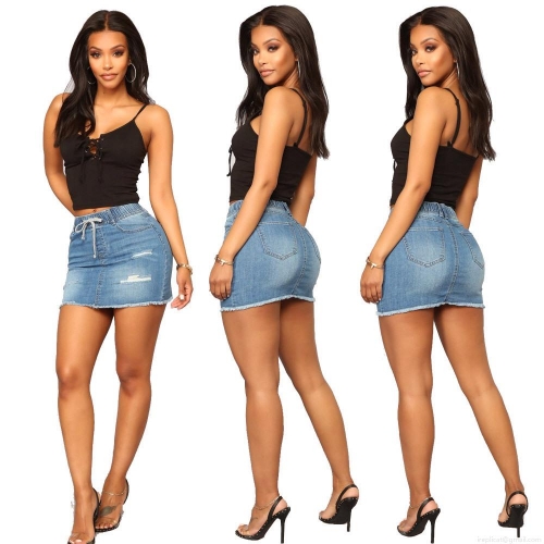 Women's High Waist Denim Skirt Cotton Blend Distressed Ripped Mini Jean Skirt Drawstring Frayed Hem Bodycon Short Skirt Summer Party Streetwear Sexy Lady