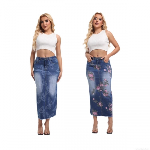 Women's Floral Butterfly Printed Denim Maxi Skirt Elegant High Waisted Bodycon Long Jean Skirt with Back Slit Stretch Cotton Blend Casual Vacation Skirt Bottoms