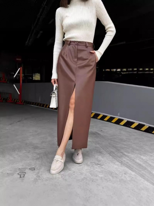 Women's Elegant PU Leather Split Midi Skirt High Waist Solid Color A-Line Faux Leather Skirt For Women Fashion Commute Office Streetwear