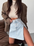 Women's Sexy High Waist Irregular Denim Mini Skirt Side Zipper Slit Frayed Hem Washed Cotton Denim Short Skirt for Summer Streetwear INS Style