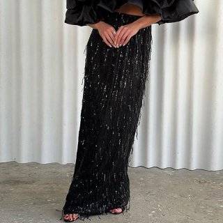 Women Elegant High Waist Sequin Fringe A-Line Long Skirt Polyester Shiny Party Gala Evening Skirt For Women Wedding Guest Birthday Outfit Luxury Fashion Bottoms