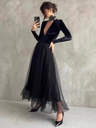 Women's High Waist Mesh Pleated Midi Skirt Elegant A-Line Layered Tulle Tutu Skirt for Party Daily Wear Solid Color Puffy Skirt