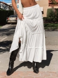 Women Summer Boho White Tiered Maxi Skirt Lightweight Polyester Layered A-Line Cake Skirt High Waist Elastic Long Skirt for Vacation Beach Casual Wear
