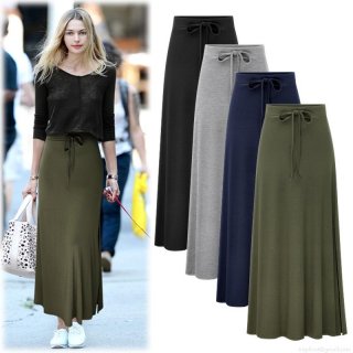 Women's High Waist Knit Midi Skirt With Side Split Drawstring Ribbed Elastic Plus Size Solid Color A-line Long Skirt For Women Casual Commute