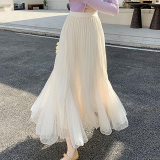 Women's Elegant High Waist Pleated Mesh Skirt Double Sided Wearable A-Line Long Tulle Skirt for Daily Party Dating Sweet Tutu Skirt