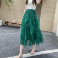 Women's Irregular Mesh Midi Skirt High Waist Multi-Layer Tiered Pleated Tulle Skirt Elegant A-Line Fairy Skirt For Daily Dating Party