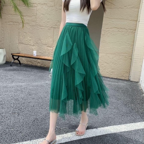 Women's Irregular Mesh Midi Skirt High Waist Multi-Layer Tiered Pleated Tulle Skirt Elegant A-Line Fairy Skirt For Daily Dating Party
