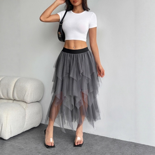Women Irregular Mesh Midi Skirt Polyester Multi-layer Tiered Tulle High Waist Skirt For Daily Dating Party Sweet Puffy Skirt A-line Silhouette