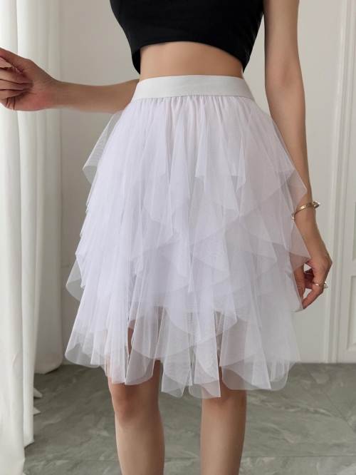 Women's High Waist A-Line Mesh Tutu Skirt Layered Tulle Cake Skirt Irregular Short Length Sweet Elegant Party Midi Skirts For Women