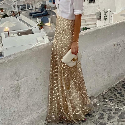Women Elegant High Waist Sequin Maxi Skirt Glitter Long Half Skirt For Evening Party Resort Socialite Style Shiny A-Line Skirt Women Bottoms