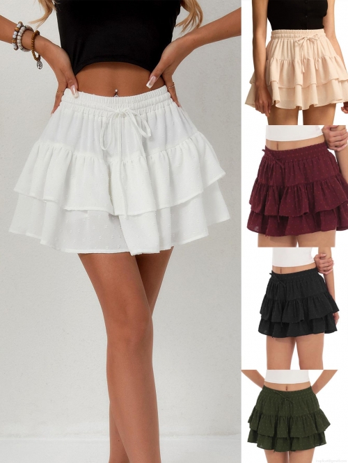 Women Layered Ruffle Mini Skirt High Waist Elastic Swiss Dot Skort Sweet Chiffon Tiered Cake Skirt For Party Daily Casual Outfits