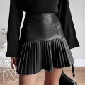 Women's High Waist Pleated PU Leather Mini Skirt Metallic A-Line Short Skirt Fashion Streetwear Party Skirt For Women
