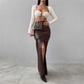 Women's High Waist PU Leather Split Midi Skirt Minimalist Solid Color Slim Straight Long Skirt With Belt For Party Streetwear Fashionable Women