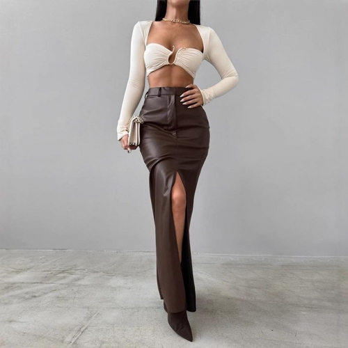 Women's High Waist PU Leather Split Midi Skirt Minimalist Solid Color Slim Straight Long Skirt With Belt For Party Streetwear Fashionable Women