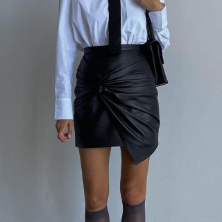 Women Fashion PU Leather Mini Skirt High Waist Twist Knot Pleated Asymmetrical Bodycon Short Skirt Streetwear Club Party PU Faux Leather Skirts