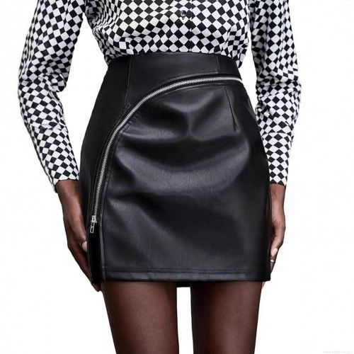 Women's High Waisted PU Leather Mini Skirt With Diagonal Zipper Slit Slim Fit Bodycon Short Skirt Streetwear Solid Color Casual Bottoms
