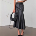 Elegant Women PU Leather Mid-Length Skirt High Waist Hip Wrap Fish Tail Hem Bodycon Faux Leather Skirt for Office Lady Streetwear Party Wear