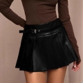 Women's High Waist PU Leather Pleated Mini Skirt With Metal Buckle Belt Preppy Style Sexy Solid Color Short A-Line Skirt For Women Streetwear