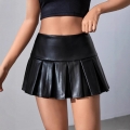 Women Sexy PU Leather Pleated Mini Skirt High Waist Slim Fit Micro Short Skirt Built-in Safety Shorts for Nightclub Party Streetwear Girls