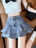 Women's High Waisted Tiered Ruffle Denim Mini Skirt Sexy Distressed Blue Cotton Spandex Cake Skort With Safety Shorts For Summer Casual Party