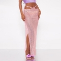 Women's Sexy Pink Sequin High Slit Maxi Skirt Elegant Bodycon Party Clubwear Long Skirt With Tie Waist Mesh Overlay Evening Skirt