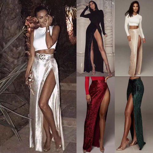 Elegant High Waist Slit Velvet Maxi Skirt For Women Sexy Accordion Pleat Metallic Gloss Skirts For Party Wedding Banquet Lady Slim Long Skirts