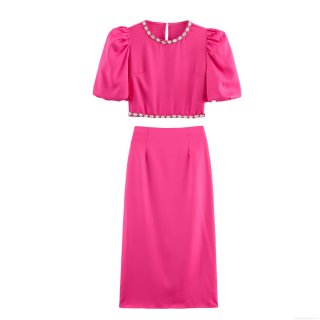 Women's Elegant Rose Red Two-Piece Skirt Set Rhinestone Round Neck Puff Sleeve Crop Top and High Waist Straight Long Slit Skirt Satin Luster Occasion Party Outfits