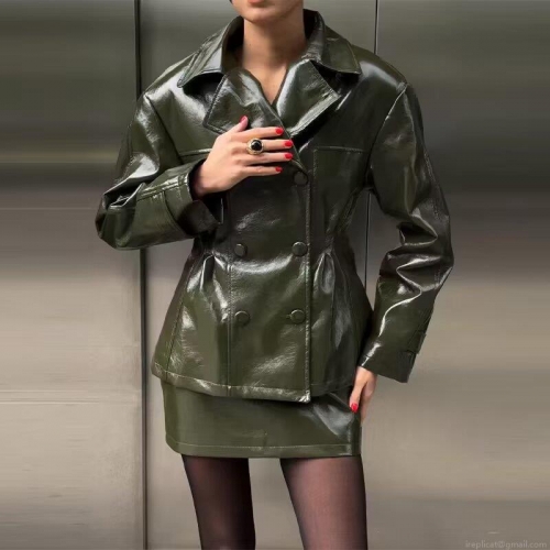 Women's Sexy PU Leather Two Piece Skirt Set Double Breasted Shiny Lapel Jacket and High Waist A-Line Mini Skirt Outfits For Party Clubwear Night Out