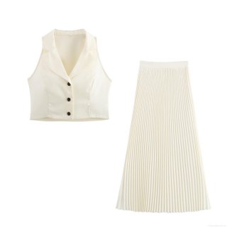 Elegant Women Two-Piece Skirt Set Sleeveless Notched Lapel Vest and Pleated Long Skirt Urban Commuter OL Style Solid Milky White Polyester Outfit for Ladies