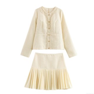 Elegant Women's Tweed Two-Piece Skirt Set Long Sleeve Jacket With Gold Buttons And Mini Pleated Skirt Polyester Office Lady Outfit Suit