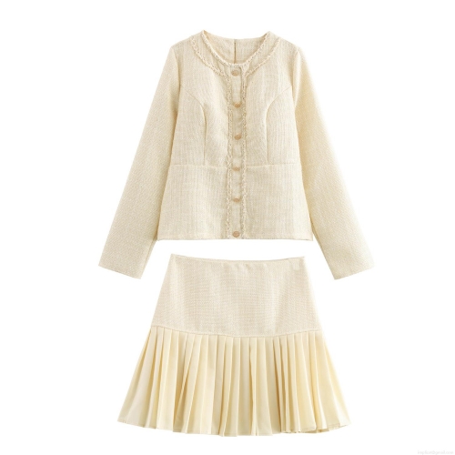 Elegant Women's Tweed Two-Piece Skirt Set Long Sleeve Jacket With Gold Buttons And Mini Pleated Skirt Polyester Office Lady Outfit Suit