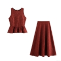 Women's 2 Piece Skirt Set Sleeveless Peplum Top And Rose Jacquard A-Line Maxi Skirt Polyester Vacation Outfit Brick Red Sets