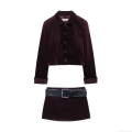 Elegant Women's Deep Purple Velvet Skirt Suit Set Vintage Long Sleeve Lapel Jacket With Crocodile Pattern Belt Mini A-line Skirt For Party Evening Office