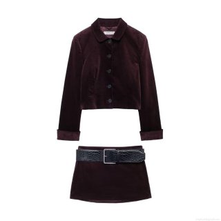 Elegant Women's Deep Purple Velvet Skirt Suit Set Vintage Long Sleeve Lapel Jacket With Crocodile Pattern Belt Mini A-line Skirt For Party Evening Office
