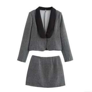 Women Elegant Herringbone Tweed Suit Set Contrast Shawl Lapel Slim Fit Blazer And Mini A-Line Skirt 2-Piece Set Professional Office Workwear Outfit